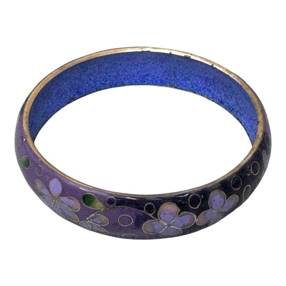 Vintage Cloisonné Enamel Purple & Blue Floral Bangle Bracelet Size 6.5 Estate - Picture 4 of 8